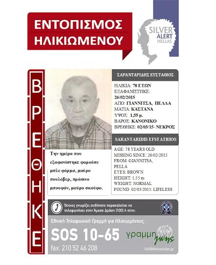 Εντοπίστηκε νεκρός ο Ευστάθιος Σαρανταρίδης από τα Γιαννιτσά